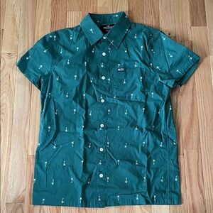 Hollister Button Up Shirt Mens XS Blue Teal Palm Print Short Sleeve Casual